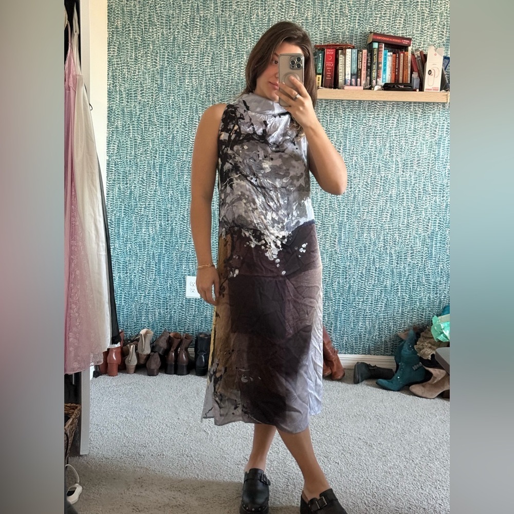 Lola & Sophie Abstract Art Sleeveless Midi Dress with funnel neck